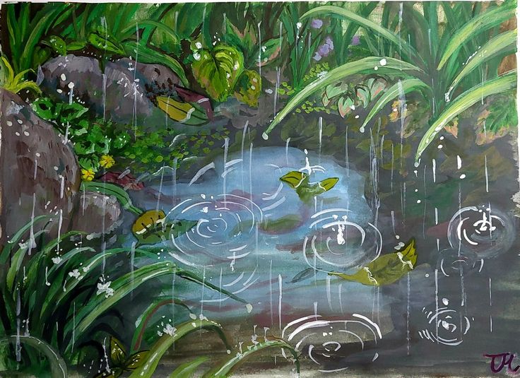 a painting of rain falling over a pond with birds in the water and plants around it