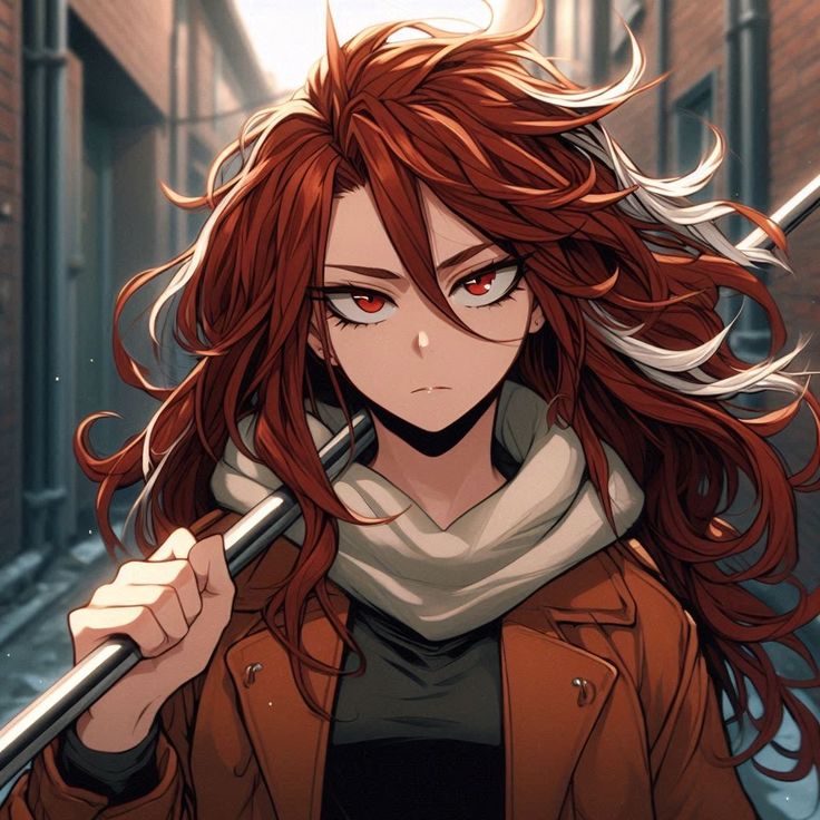 an anime character with long red hair holding a metal object in her hand and looking at the camera