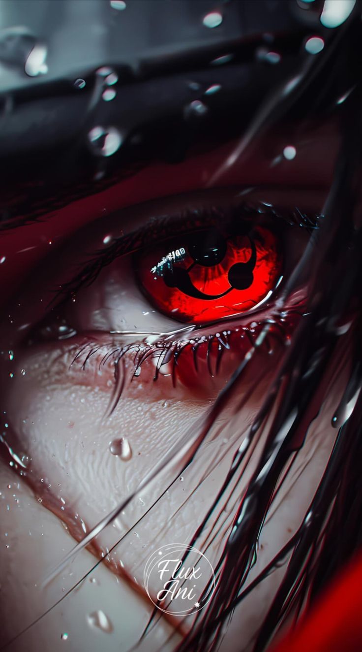 a close up of an eye with water droplets on it and red eyeshade