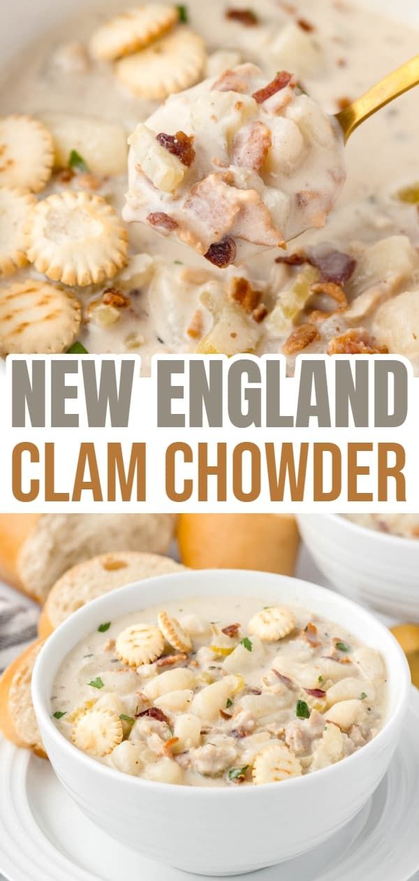 a bowl of clam chowder with crackers on the side