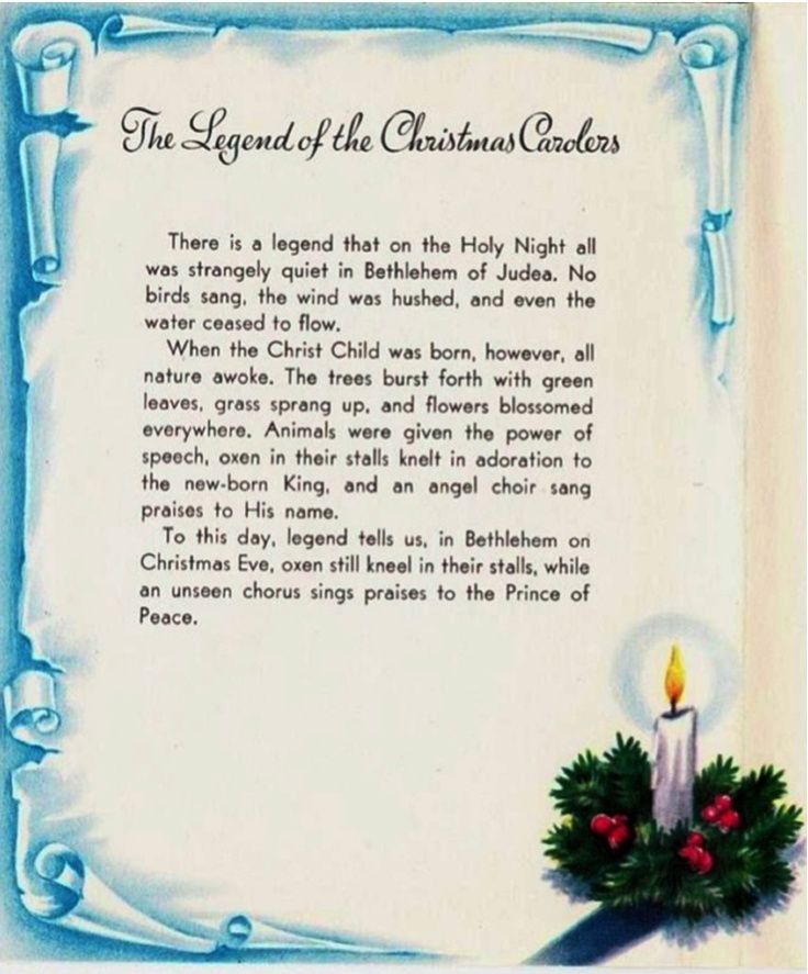 the legend of the christmas crackers is written in blue and white with a lit candle surrounded by holly wreaths