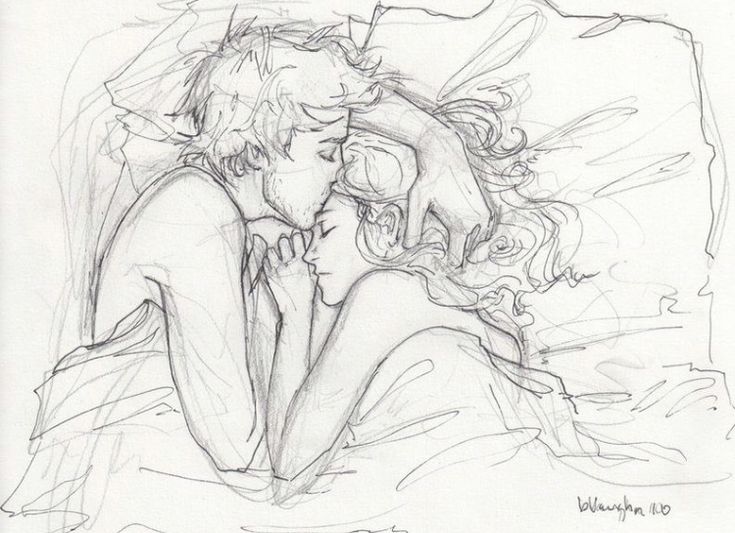 a drawing of two people laying down next to each other with their heads close together