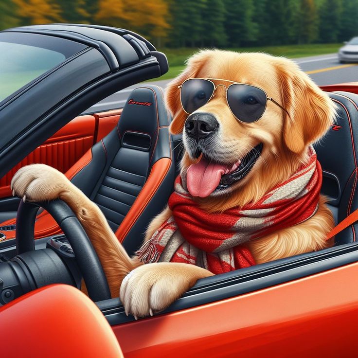 a dog wearing sunglasses sitting in the driver's seat of a red sports car