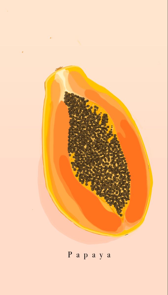 a papaya cut in half with the words papaya written below it on a pink background