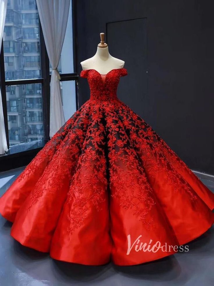 Red And Black Ball Gown, Red Princess Dress, Burgundy Ball Gown, Prom Dresses Off The Shoulder, Red Lace Prom Dress, Vintage Ball Gowns, Red Quinceanera Dresses, Black Ball Gown, Blue Ball Gowns