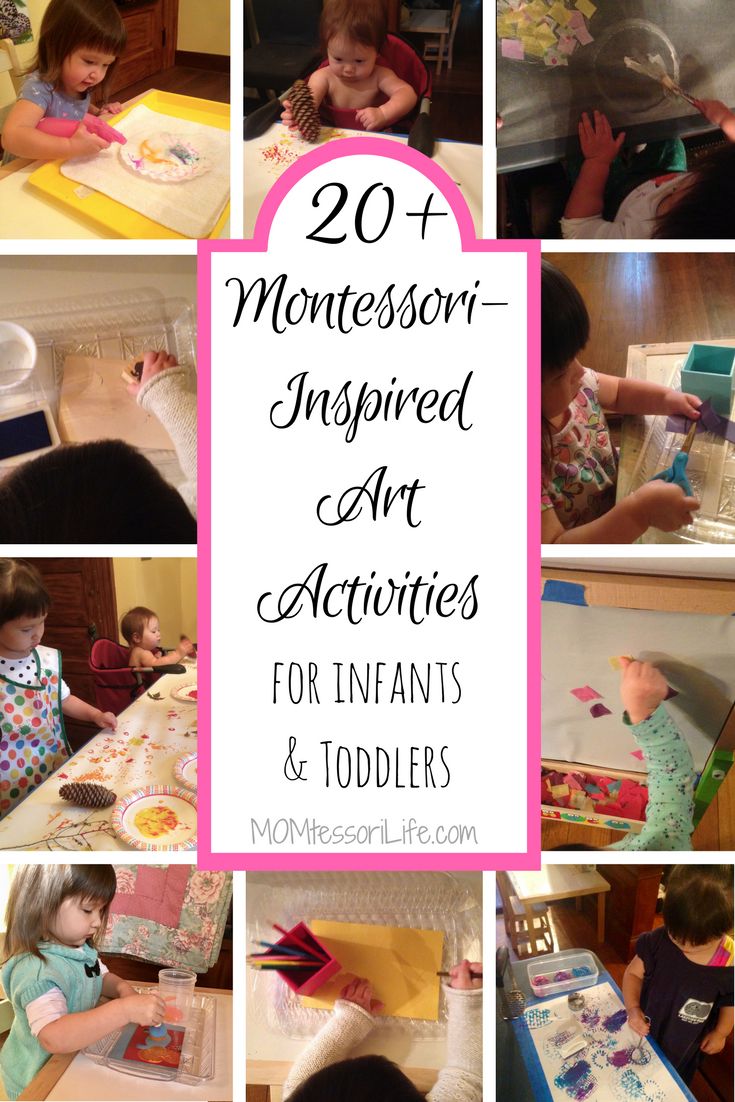 several pictures of children making art activities for toddlers and older kids with text overlay that reads 20 montessori - inspired art activities for infants