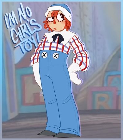 an animated character with red hair and overalls standing in front of a sign that says i'm no girls today