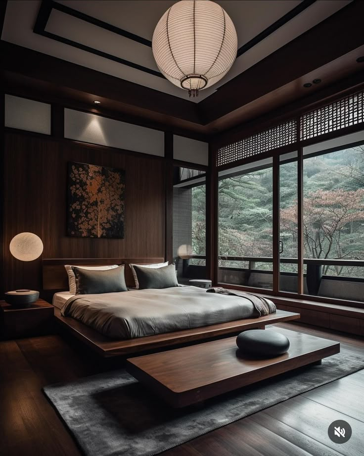 Japanese Bedroom Aesthetic Dark, Dark Modern Japanese House, Black Japandi Bedroom, Dark Japanese Bedroom, Chinese Inspired Bedroom, Bedroom Design Master Luxury, Modern Chinese Bedroom, Asian Apartment, Chinese House Design