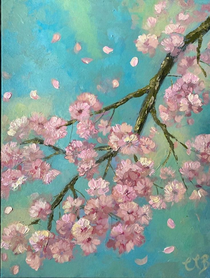 a painting of pink flowers on a blue background