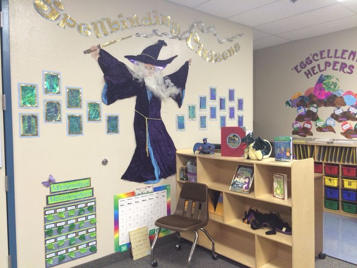 a classroom with desks, chairs and pictures on the wall