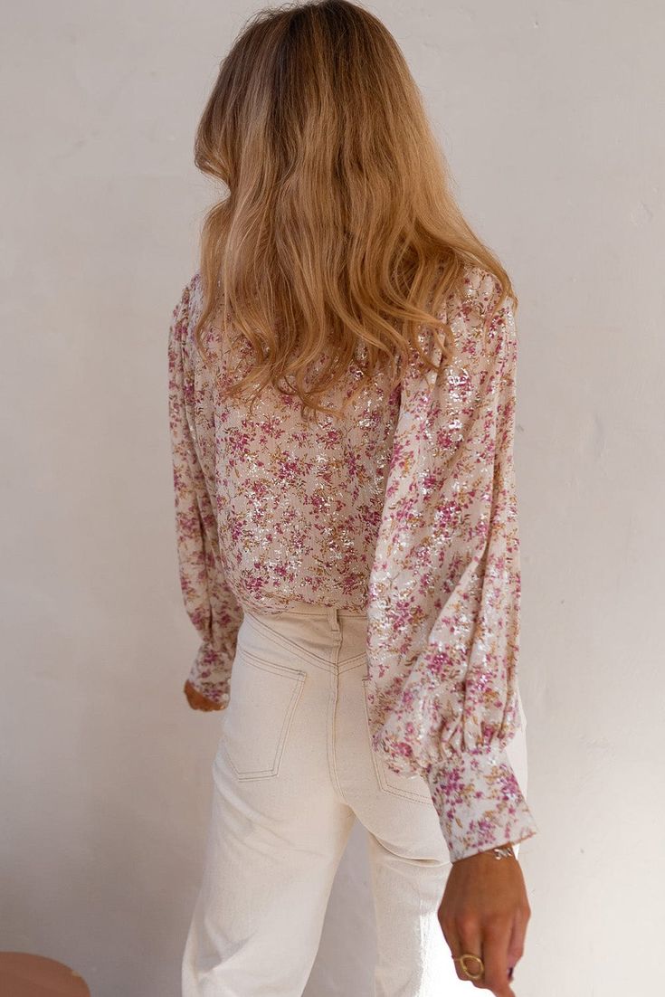 Experience the beauty and comfort of our Laney Floral Print Blouse. With its intricate floral design and soft, lightweight fabric, this blouse will keep you looking and feeling your best all day long. Upgrade your wardrobe with this elegant and versatile piece that is perfect for any occasion. Model Info: Models are 5'7", Size 2, wearing smalls Material: 100% polyester Size Chart (INCH) Sizes Bust Hem_Width Shoulder Sleeve_Length Length Relax Relax Relax Relax Relax S 40.2 42.9 16.3 23.2 24.4 M Shirt Making, V Neck Shirt, Romper And Jacket, Pink Floral Print, Bishop Sleeve, Floral Print Blouses, Style And Grace, Effortless Chic, Romper With Skirt