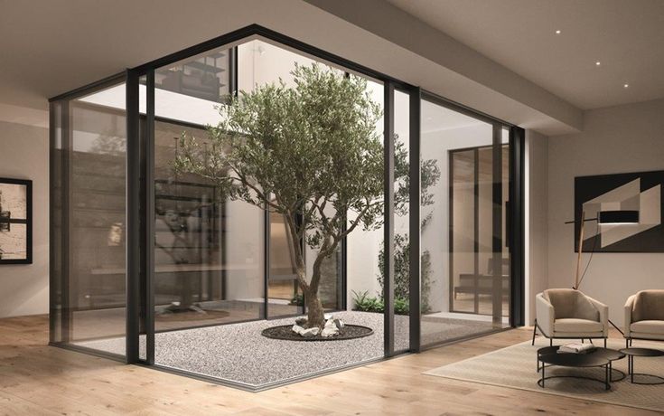 a bonsai tree sitting in the middle of a room with glass walls and doors