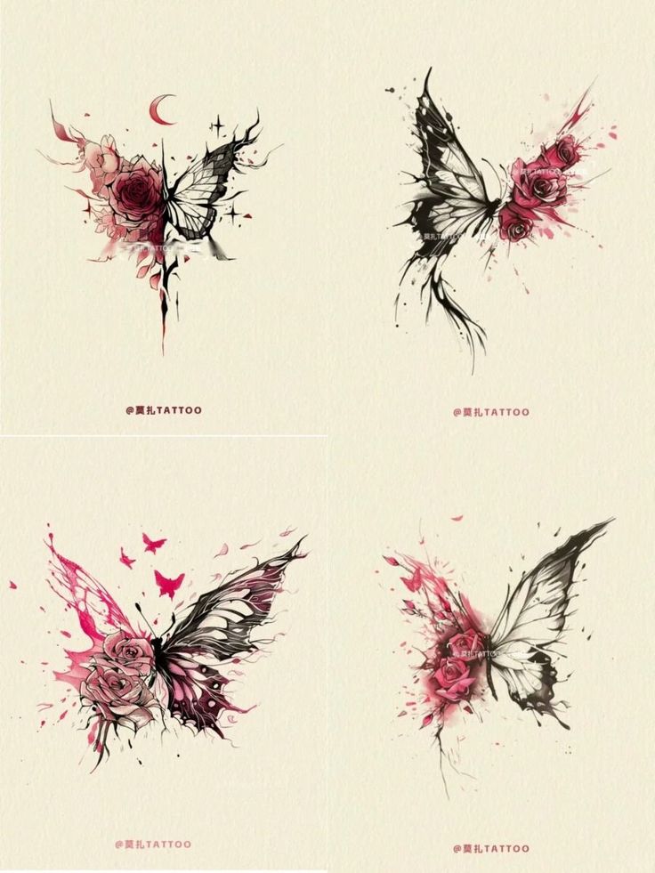 four different types of watercolors on paper with ink splattered in them