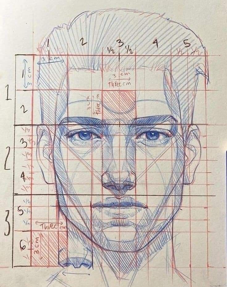 a drawing of a man's face is shown in blue and red pencils