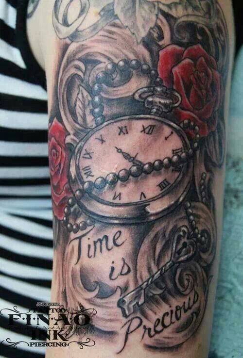 a woman's arm with a clock and roses on it, saying time is precious