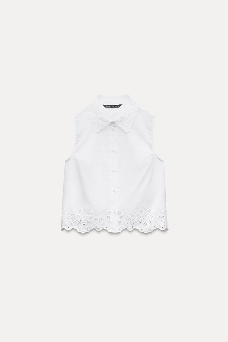 EMBROIDERED EYELET CROPPED SHIRT - White | ZARA United States Summer Top With Floral Embroidery And Spread Collar, Summer Floral Embroidered Top With Spread Collar, Summer Top With Collar And Placket, Embroidered Collared Tops For Work, Summer Embroidered Collared Tops, White Collared Shirt With Lace Collar, White Shirt With Lace Collar, Summer Embroidered Shirt With Collared Neckline, Embroidered Summer Blouse With Collared Neckline