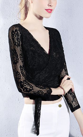 $59.90 - Cute black blouse shirt with lace long sleeves and v-neck for elegant ladies, pretty teens and chic women. Tight fitted. Perfect for casual every day wear. Crop Top With Sleeves, Fitted Crop Top, Shirt With Lace, Black Lace Top, Black Lace Blouse, Feminine Women, Elegant Ladies, Workout Crop Top, Top Cute