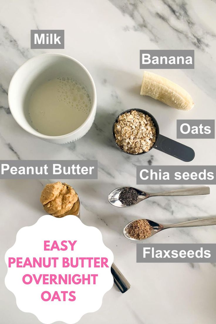 ingredients for peanut butter overnight oats laid out on a marble counter top with text overlay