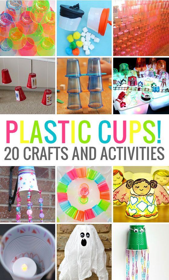 the collage shows different crafts and activities for kids to do with plastic cups, paper plates