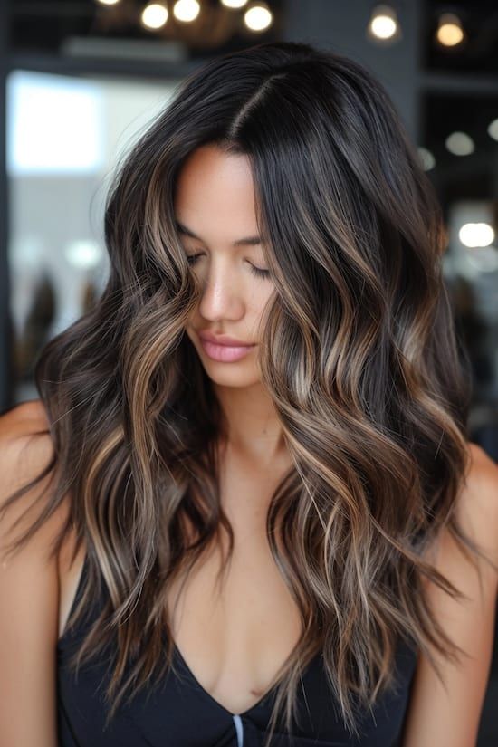 Hair For Dark Brunettes, Money Piece Balayage Brunette Dark, Not Blonde Balayage, Mocha Brown Hair With Honey Highlights, Dark Dimensional Hair With Money Piece, Winter 24/25 Trends Hair, Natural Beige Hair Color, Dark Brunette With Platinum Highlights, Dark To Brown Balayage