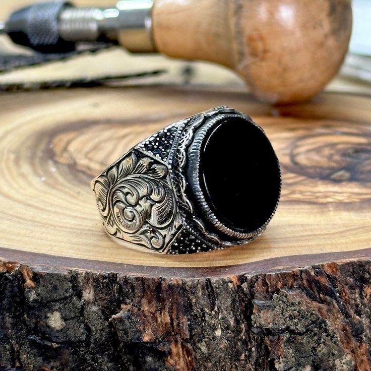 Silver Black Onyx Ring , Handmade Signet Round Onyx Ring, Handmade Ring For Men , Onyx Signet Ring , 925k Sterling Silver , Gift For Him ★Item Details * Gender : Male / Female * Material : 925K Sterling Silver * Total weight : 17 Grams * Gemstone : Onyx Stone ✔ Ready to Ship in 1-2 Business Days .. ✔ Shipped to the Worldwide 1-5 business days with free shipping... ✔ The product will be sent to you with a handmade wooden box to avoid any damage during shipping... ✔ Visit our store, browse other M Black Vintage Engraved Ring Stamped 925, Vintage Black Engraved Ring Stamped 925, Antique Black Round Signet Ring, Black Handmade Vintage Engraved Ring, Vintage Black Engraved Handmade Ring, Handmade Vintage Black Engraved Ring, Vintage Black Handmade Engraved Ring, Vintage Handmade Black Engraved Ring, Antique Black Engraved Ring