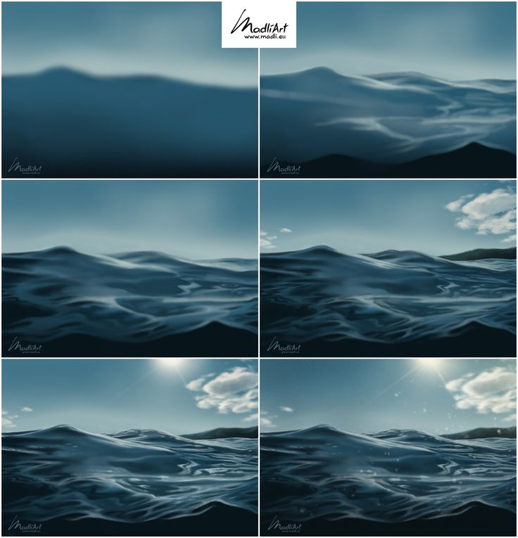 four different images of the ocean with waves and clouds in them, all showing blue hues