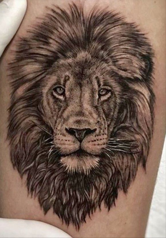 a lion tattoo on the thigh