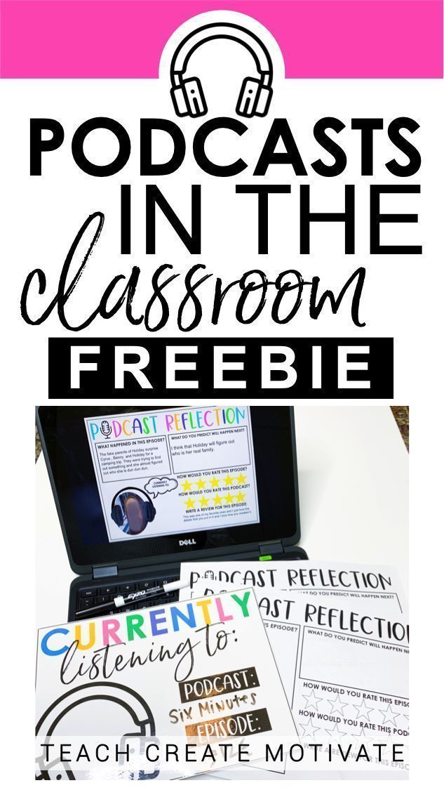 a laptop computer sitting on top of a desk with the words, podcasts in the classroom