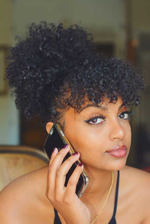 Natural Hair Bangs Hairstyle, Curly Puff With Bangs, Bangs With Natural Hair, Natural Hair Updo With Bangs, Natural Hairstyles For Black Women With Bangs, Bangs Natural Hair Black Girls, Ponytail With Bangs Natural Hair, Puff With Bangs Natural Hair, 4c Bangs