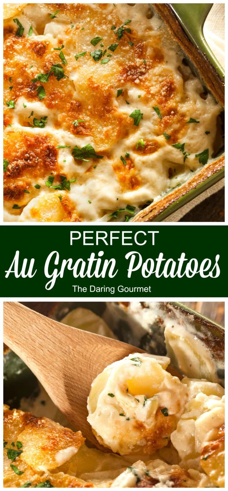 three different images with the words perfect au gratin potatoes