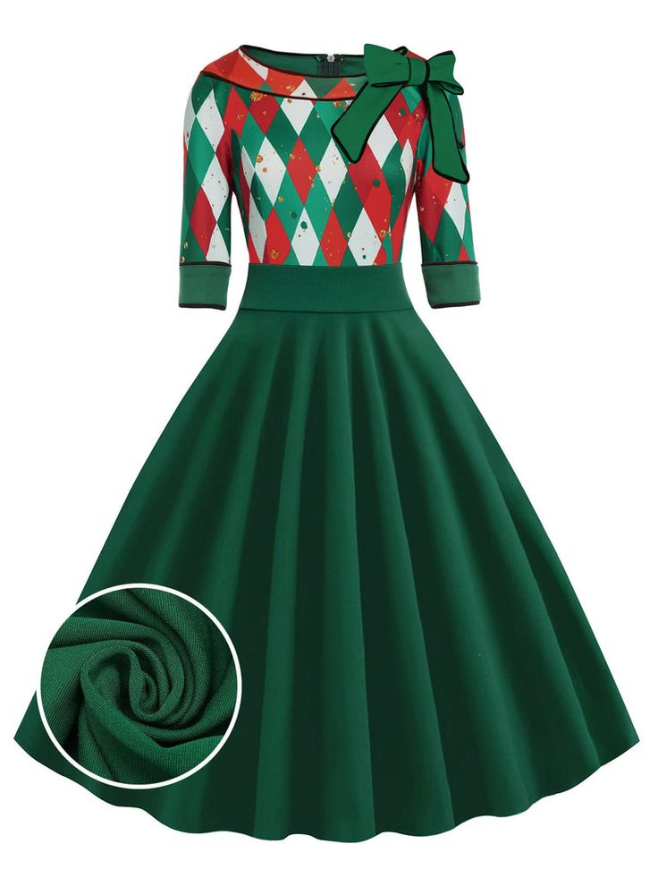 Retro Stage, Plus Size Elegant Dresses, Vestidos Retro, 1950s Christmas, Vintage Jumpsuit, Christmas Plaid, Standard Dress, Bow Decor, Vestidos Vintage