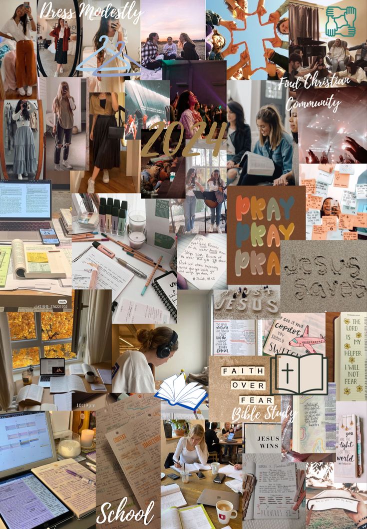 a collage of photos with people and writing on them, including books, papers, pictures, and other items