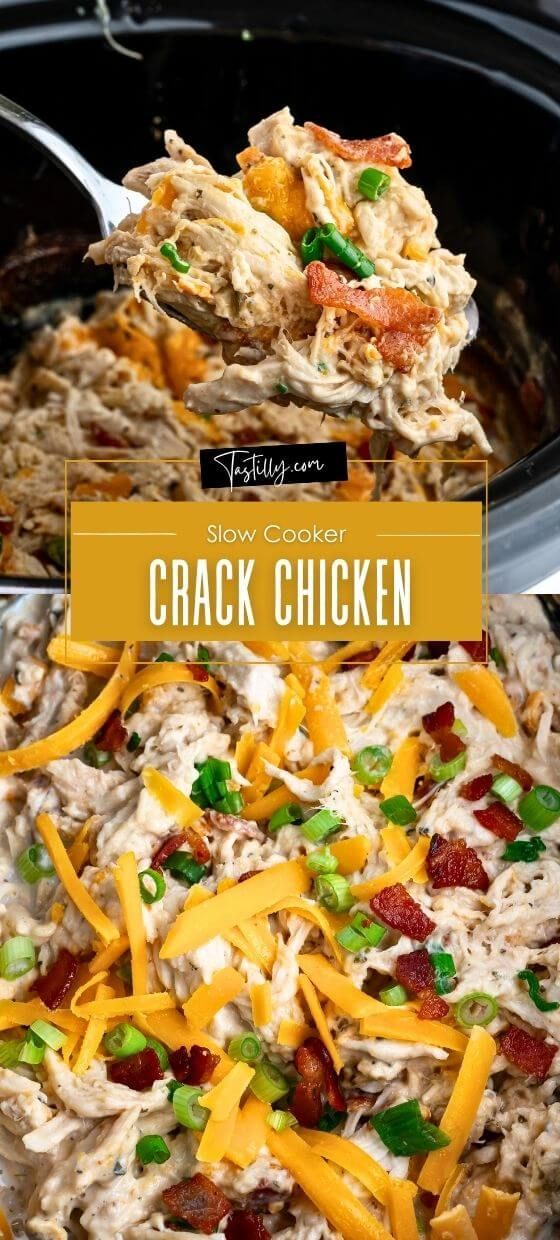 slow cooker crock chicken is loaded with shredded cheese, bacon and green onions