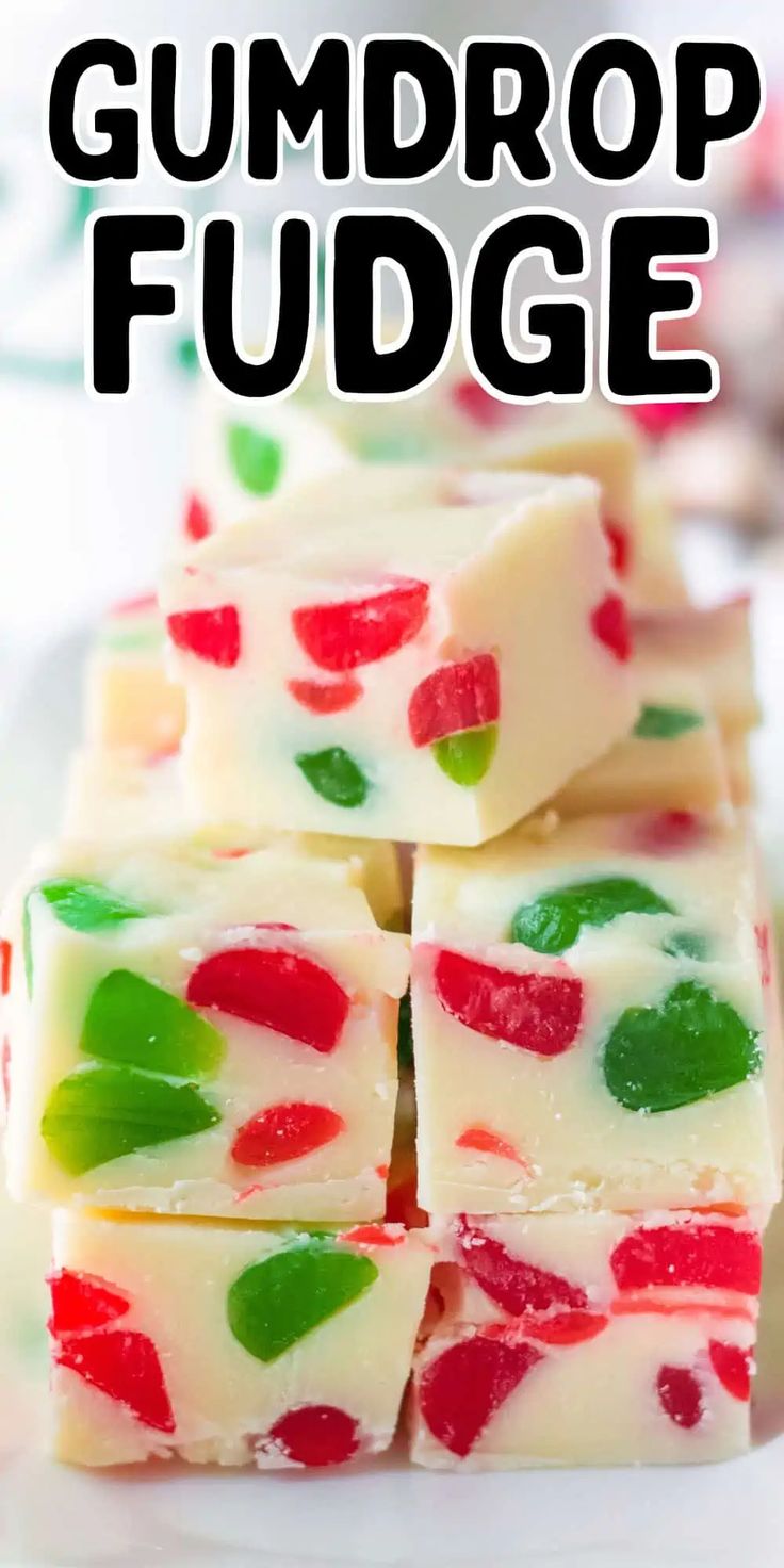 the gumdrop fudge is made with white chocolate, green and red candy