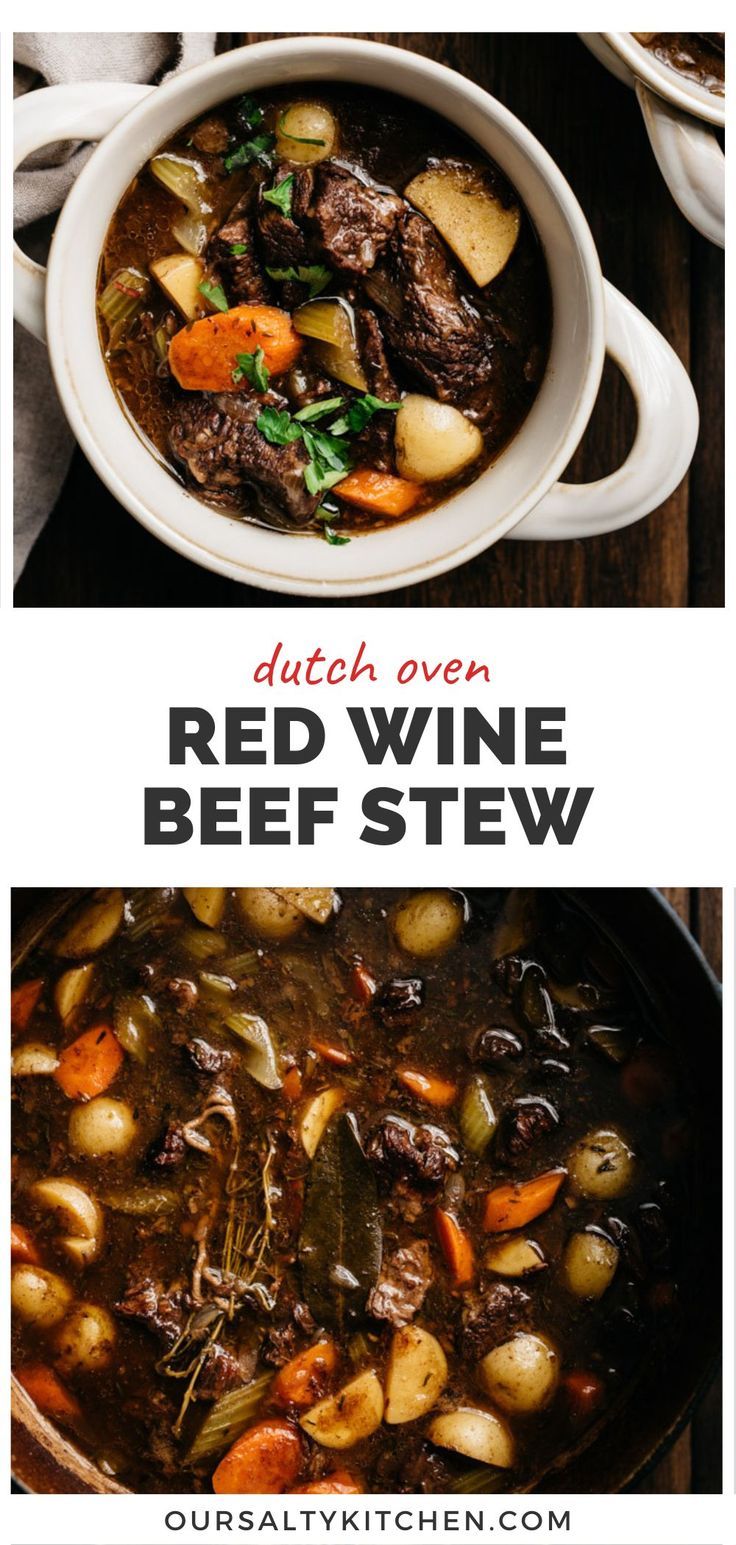 Beef stew with red wine in a bowl (top image) and in a dutch oven (bottom image) with a title bar in the middle that reads "dutch oven red wine beef stew". Beef Stew Recipe Red Wine, Beef Stew Wine, Beef Stew With Red Wine, Wine Beef Stew, Stew With Red Wine, Beef Stew Dinner, Beef Stew Recipes, Red Wine Beef Stew, Dutch Oven Beef Stew