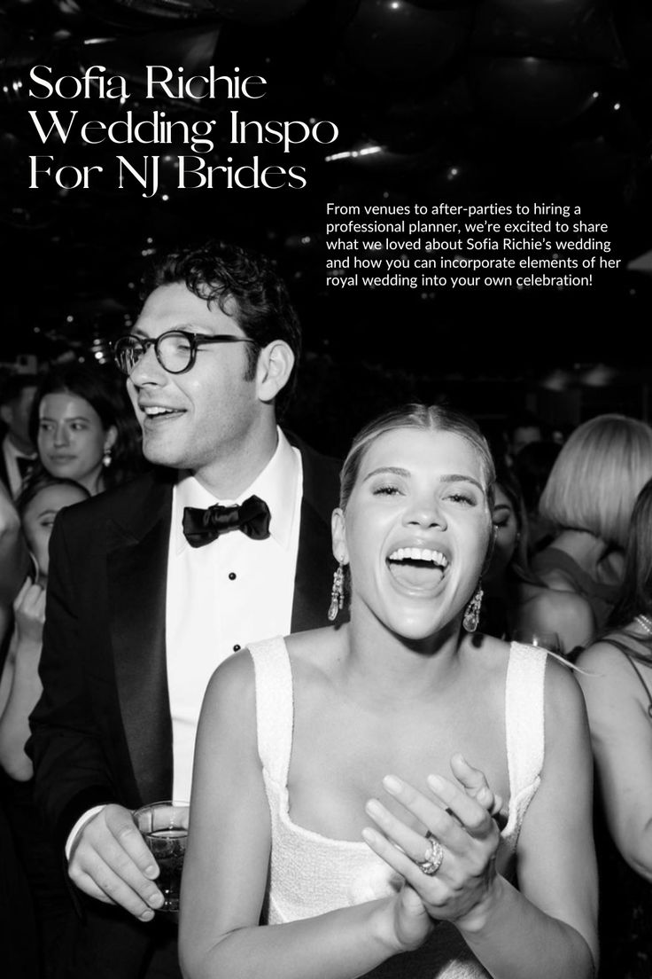 black and white photo of two people in formal wear at an event with text that reads, sofya reiche wedding imppo for n'brides