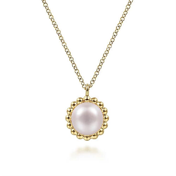 The Gabriel & Co 14K Yellow Gold Bujukan Pearl Pendant Necklace is a delicate piece featuring a round pendant with a central pinkish pearl, surrounded by small gold beads. Its slender chain complements the elegant design, making this necklace both classic and refined. Beaded Frame, Blue Topaz Pendant Necklace, Diamond Flower Pendant, Bead Frame, Rose Gold Beads, Blue Topaz Pendant, Circle Pendant Necklace, Yellow Gold Jewelry, Pearl Pendant Necklace