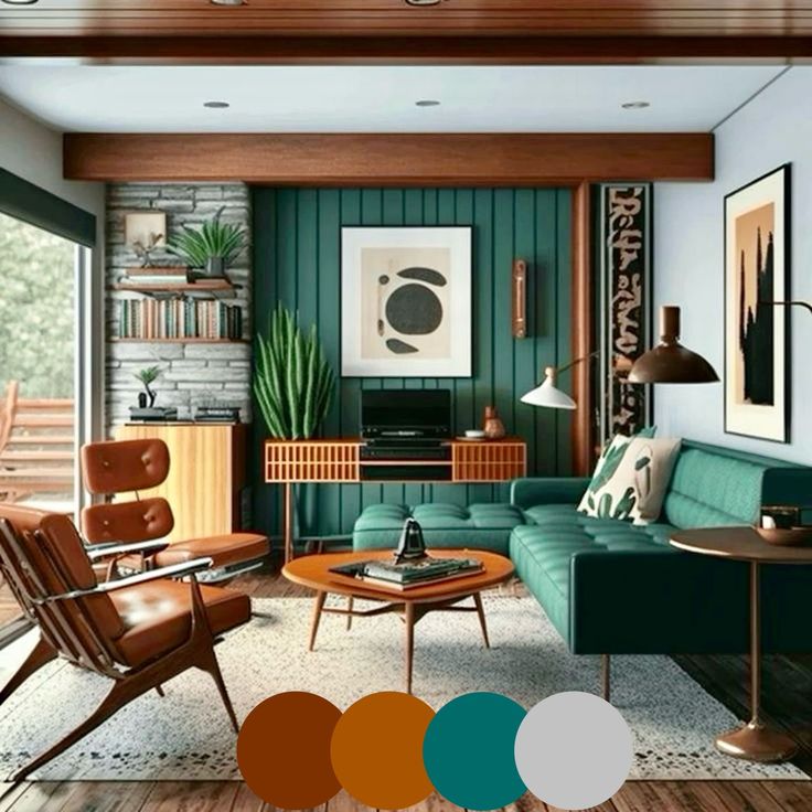 a living room filled with furniture and lots of color swatches on the wall above them