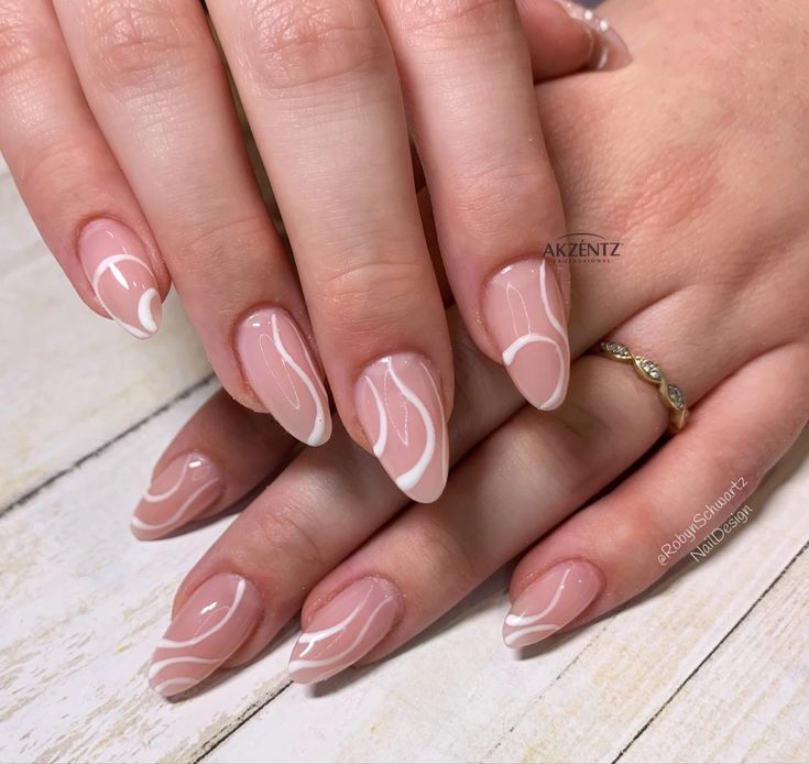 Nude Swirl Nail Designs, Almond Nails Winter, Squiggle Nails, Oval Nails Designs, Winter Nails Gel, Nails Oval, Swirl Nails, Mani Ideas, Gel Manicures