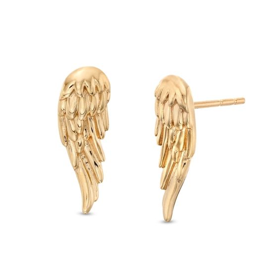 Give her a reminder of your protection and love with these spirited stud earrings. Crafted in 10K gold, each earring features a sculpted angel wing glistening with layers of intricate feather details. Polished to a bright shine, these post earrings secure comfortably with friction backs. Angel Ring, Double Stud, Wings Earrings, Xmas Wishlist, Angel Earrings, Angel Wing Earrings, Birthday List, Wing Earrings, Earring Backs