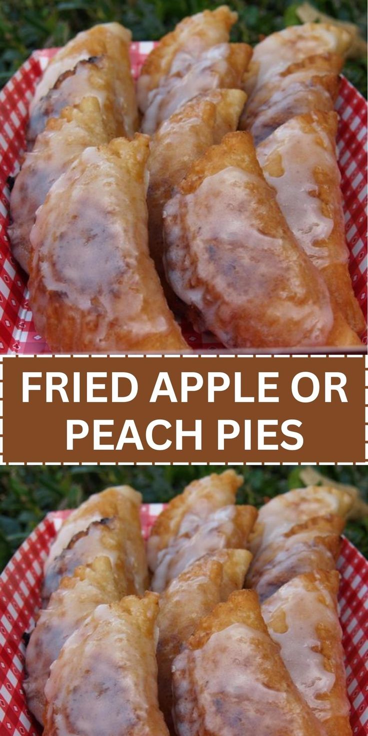 there are two different pictures of doughnuts on the same plate and one is fried apple or peach pies