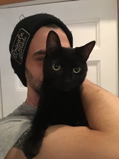 a man holding a black cat in his arms and wearing a hat on it's head