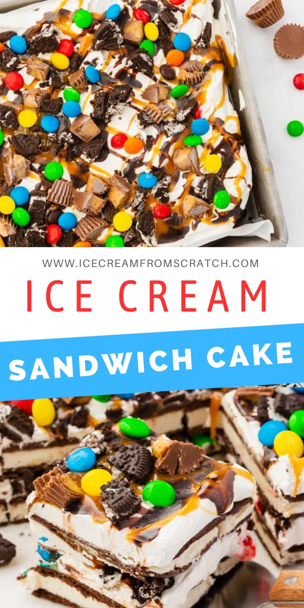 an ice cream sandwich cake with candy and candies on top, in a pan