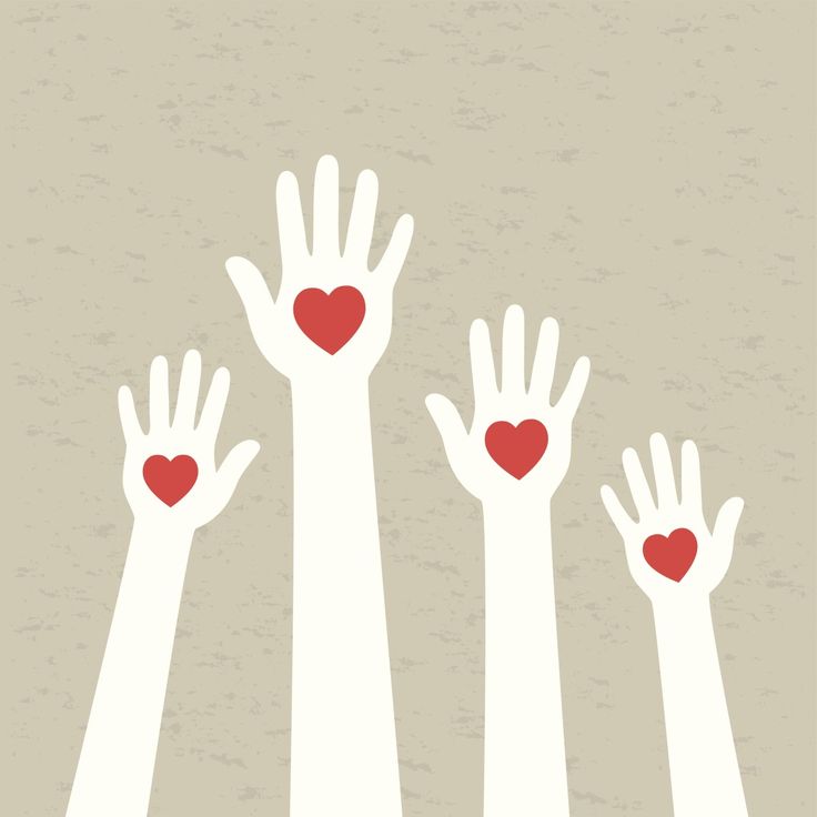 several hands with hearts in the middle and one holding out their arms to each other