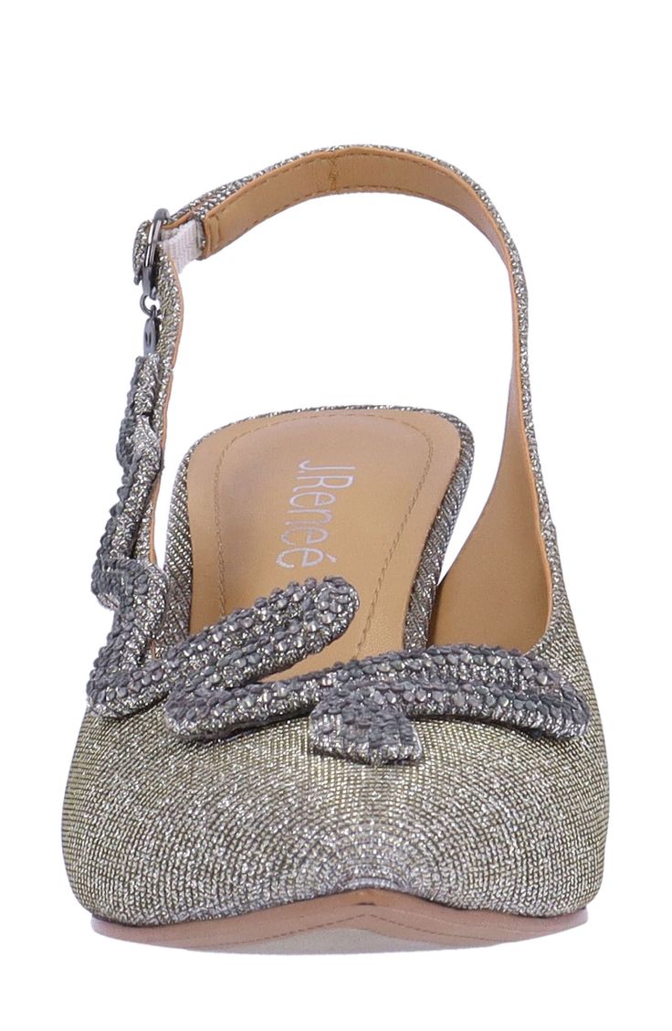 A jewel-encrusted snake slithers along the topline of a soirée-ready pump framed by a pointy toe and tapered heel. 2 3/4" heel Memory foam cushioning Textile upper/synthetic lining and sole Imported Glamorous Embellished Gold Slingback Pumps, Glamorous Gold Embellished Slingback Pumps, Metallic High Heel Slingback Pumps For Evening, Holiday Slingback Pumps, Holiday Evening Slingback Pumps, Elegant Metallic Slingback Pumps For Formal Occasions, Metallic Slingback Pumps For Party, Metallic Slingback Pumps For Formal Occasions, Sparkling Slingback Heels For Formal Occasions