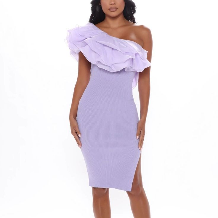 Fashion Nova Lavender/Purple Dress. Never Worn Still Has Tags. Midi Dress. Lavender Dress Black Women, Lavender Baby Shower Dress, Purple Fitted One-shoulder Dress, Fitted One-shoulder Purple Dress, Chic Lavender Knee-length Midi Dress, Chic Lavender Midi Dress With Ruffles, Chic Lavender Midi Dress For Evening, Lavender Sleeveless Mini Dress For Evening, Lavender Midi Evening Dress