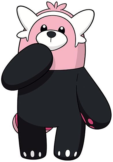 a black and pink stuffed animal with horns on it's head, standing upright