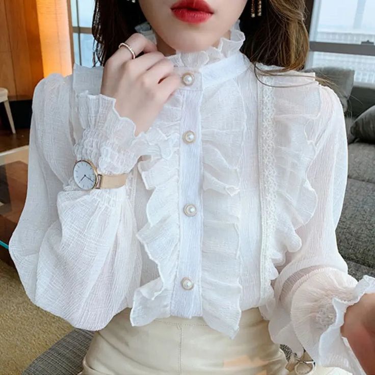 Chiffon Long Puff Sleeve Stand Collar Top - Golden Atelier Collar Clothes, Stand Collar Blouse, Stand Collar Top, Shirt Elegant, Princess Sleeves, Lace Chiffon, Women Blouse, Sleeve Women, Elegant Shirt