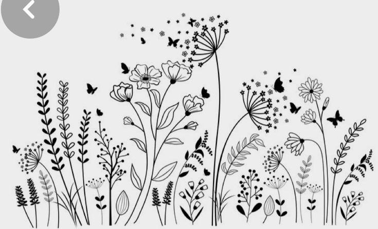 black and white drawing of flowers with butterflies