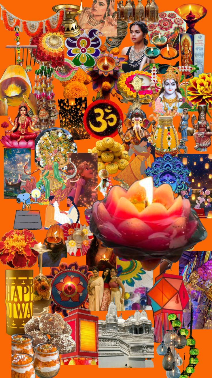 an orange background with many different items and decorations on it, including a lit candle